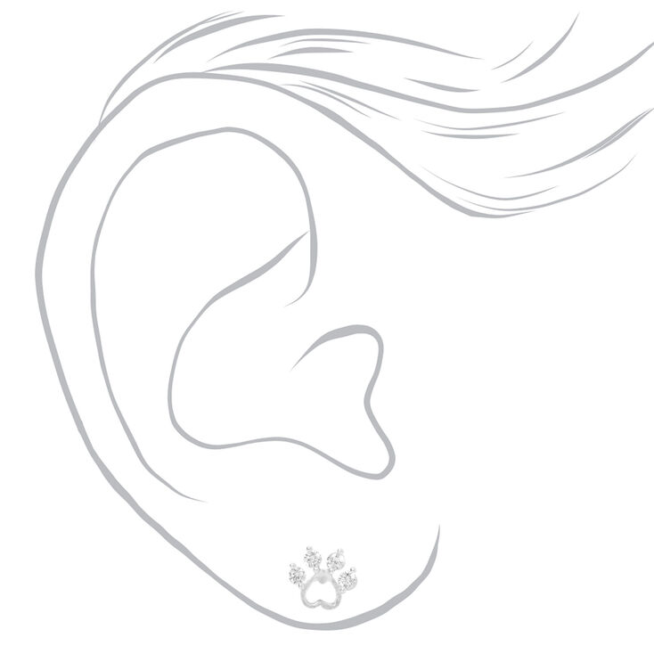 Sterling Silver Cubic Zirconia Paw Print Stud Earrings,