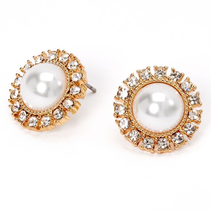 Gold Pearl Halo Stud Earrings,