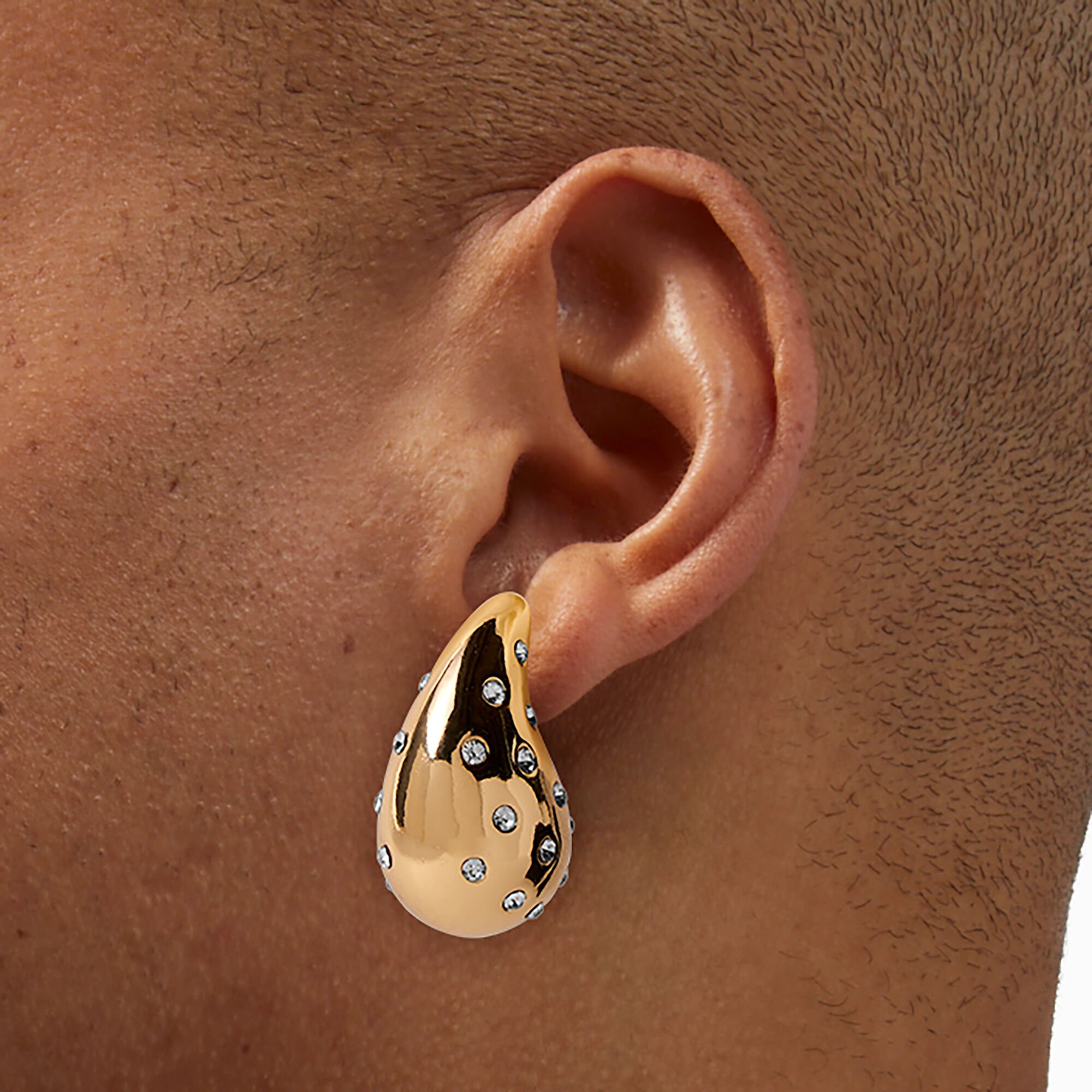 Gold-tone Crystal Dotted Long Bean 1" Drop Earrings,