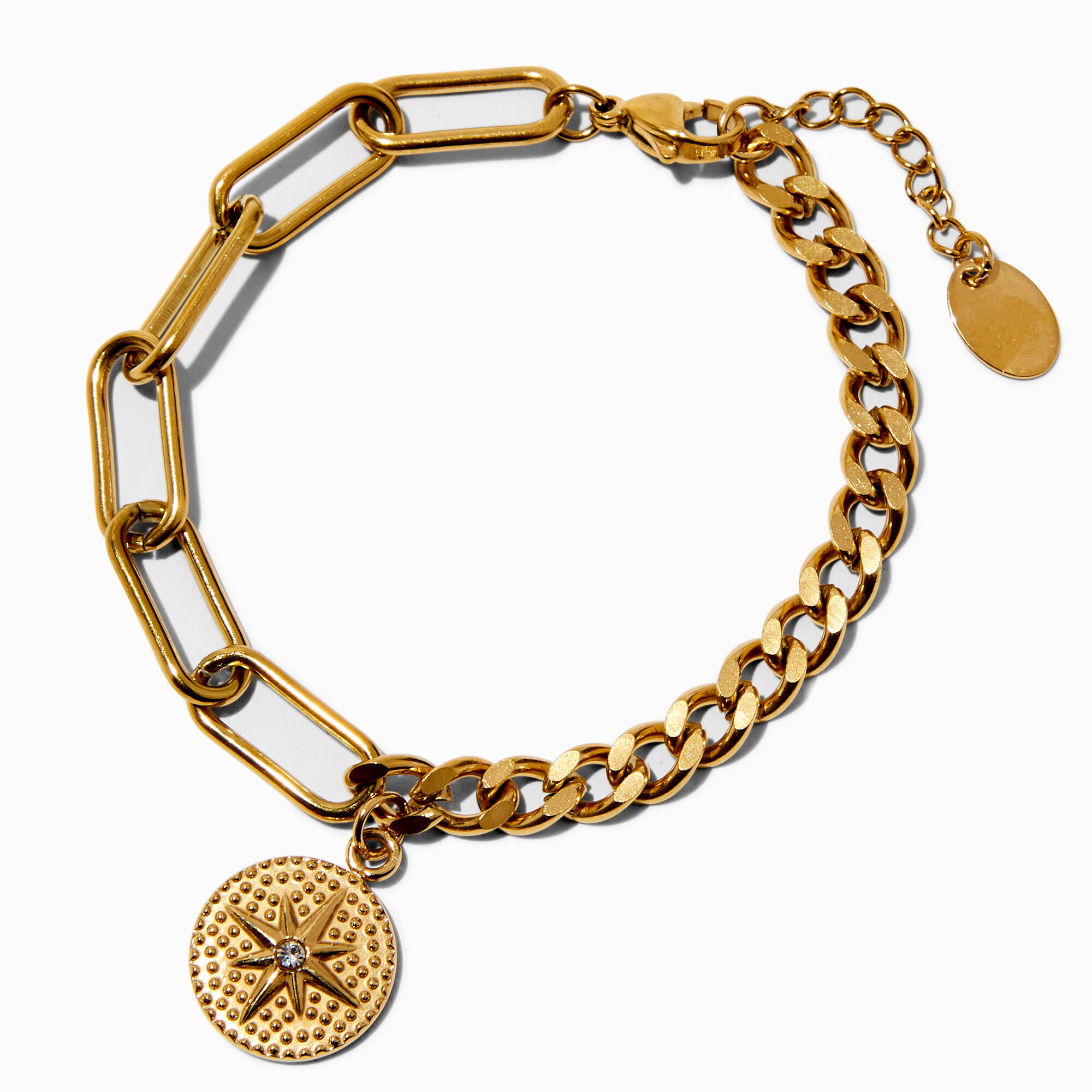 View Claires Tone Compass Charm Chain Bracelet Gold information