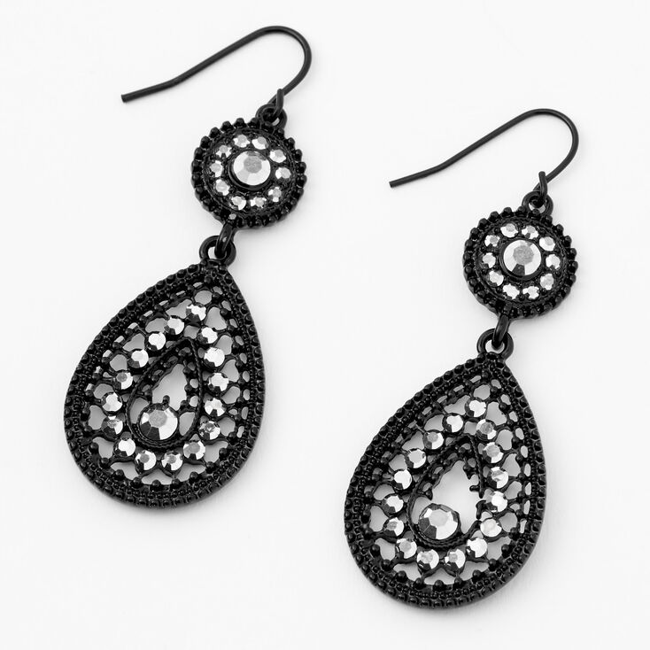 Black 2&quot; Embellished Teardrop Drop Earrings,