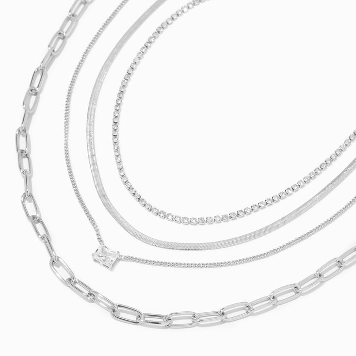 Silver Chainlink Square Crystal Multi-Strand Necklace,