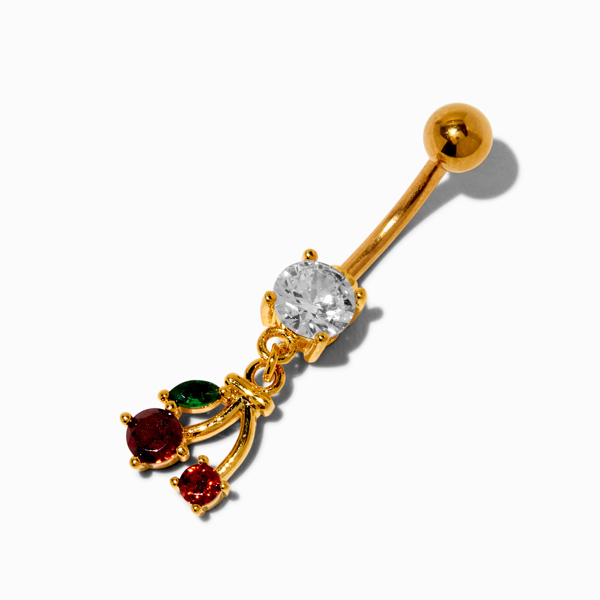 Gold-tone Stainless Steel Cubic Zirconia Cherry Dangling 14G Belly Bar,