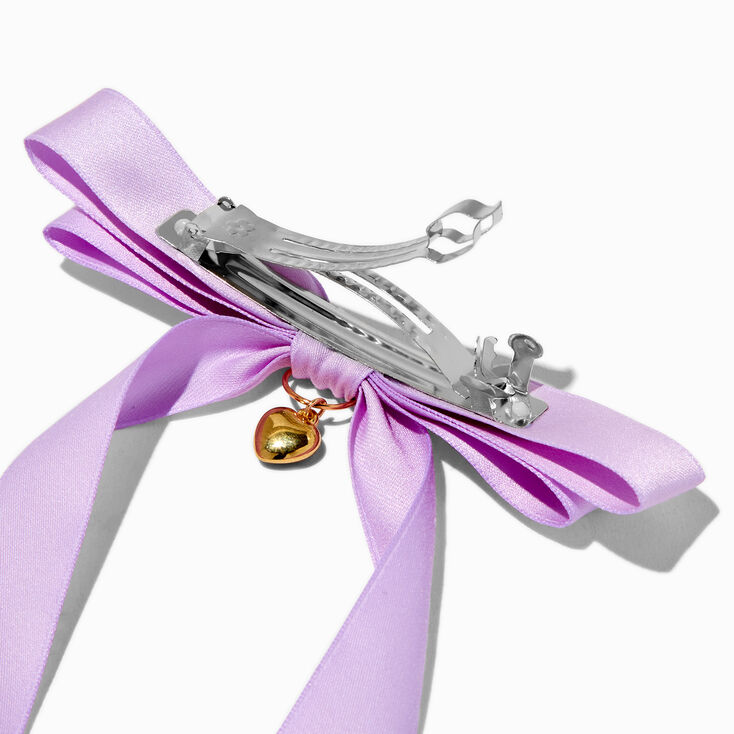 T H E M E x Claire&#39;s Purple Long Tail Gold-tone Heart Charm Hair Bow Clip,