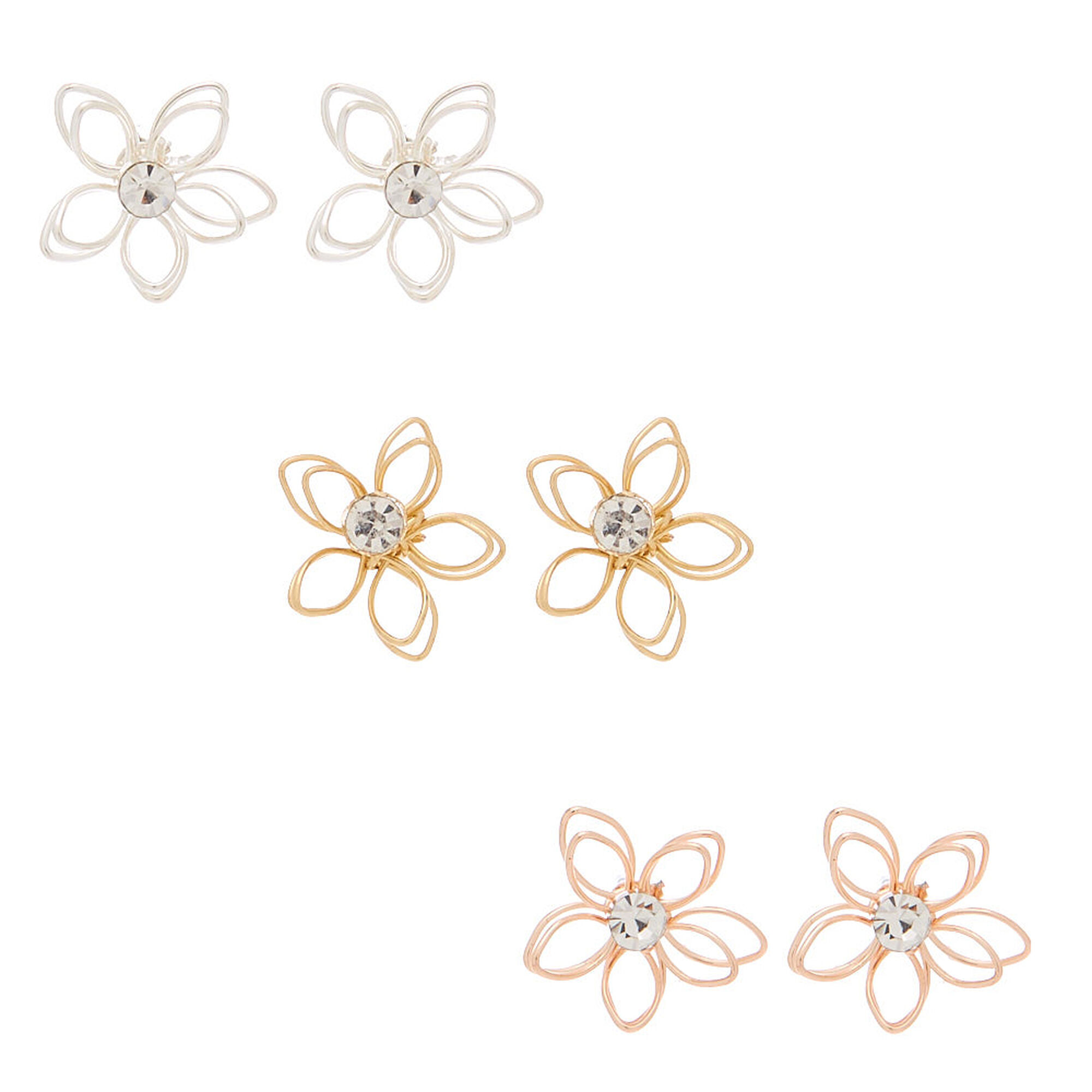 View Claires Mixed Metal Wired Flower Stud Earrings 3 Pack Rose Gold information