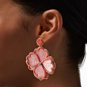 Pink Embroidered Flower Drop Earrings ,