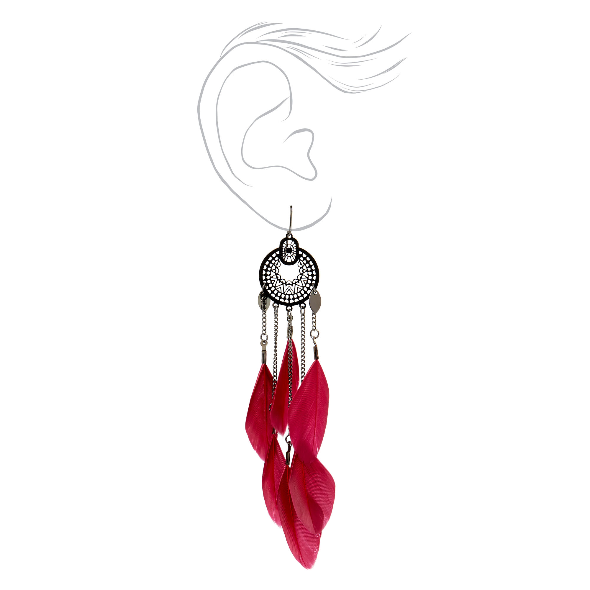 Hematite 4.5" Filigree Medallion Feather Drop Earrings - Red,