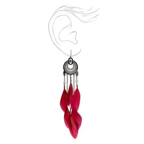 Hematite 4.5&quot; Filigree Medallion Feather Drop Earrings - Red,