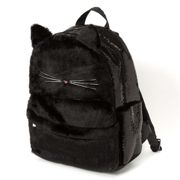Claire's Sac à dos de taille moyenne chat à sequins en peluche - Noir