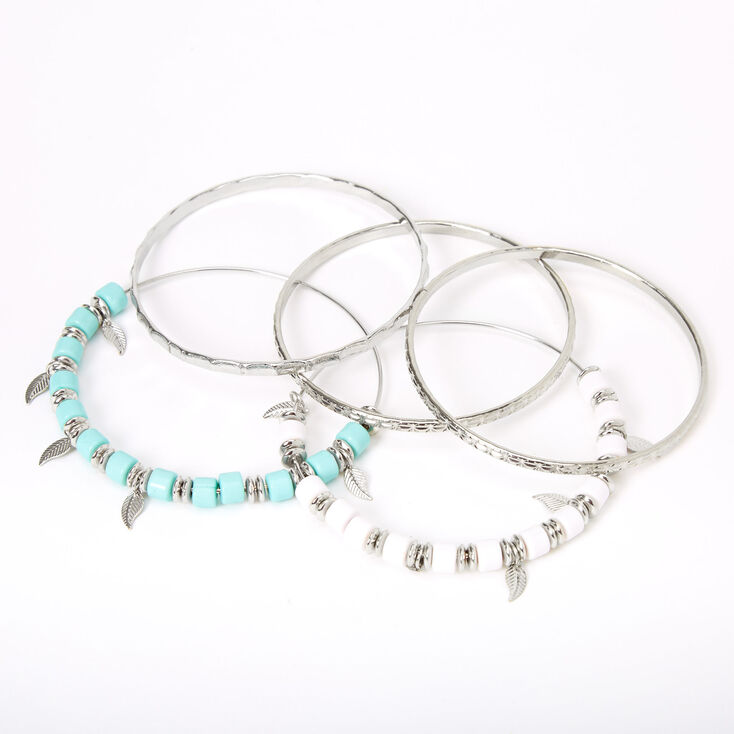 Silver Mint &amp; White Beaded Feather Bangle Bracelets - 5 Pack,