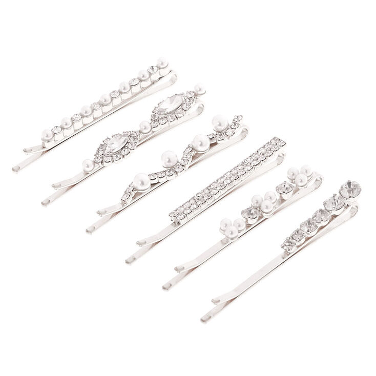 Silver Faux Pearl &amp; Crystal Bobby Pins - 6 Pack,