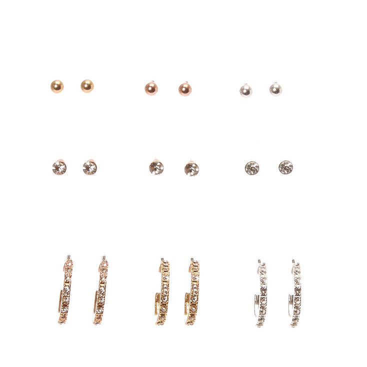 Mixed Metal Stud &amp; Half Hoop Earrings - 9 Pack,