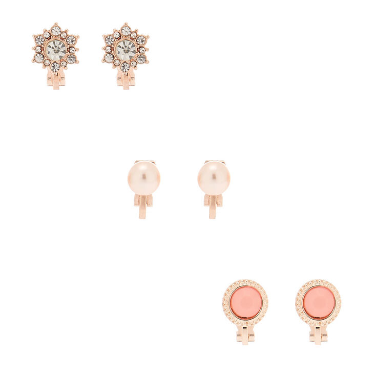 Claire's Clous d'oreilles à clip décorés couleur doré rose - Lot de 3