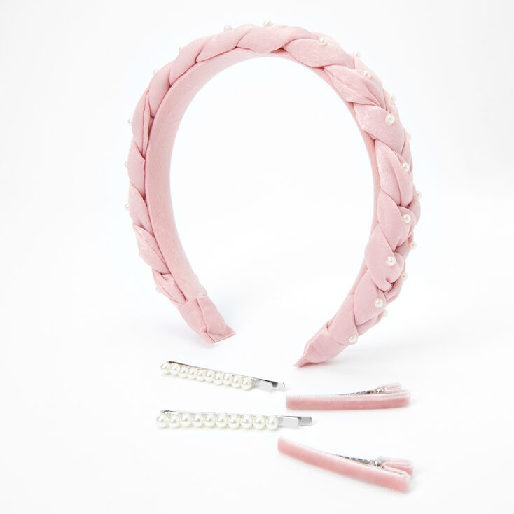 Claire's Lot serre-tête et épingles à cheveux tressés avec perles d’imitation Claire's Club - Lot de 2, rose