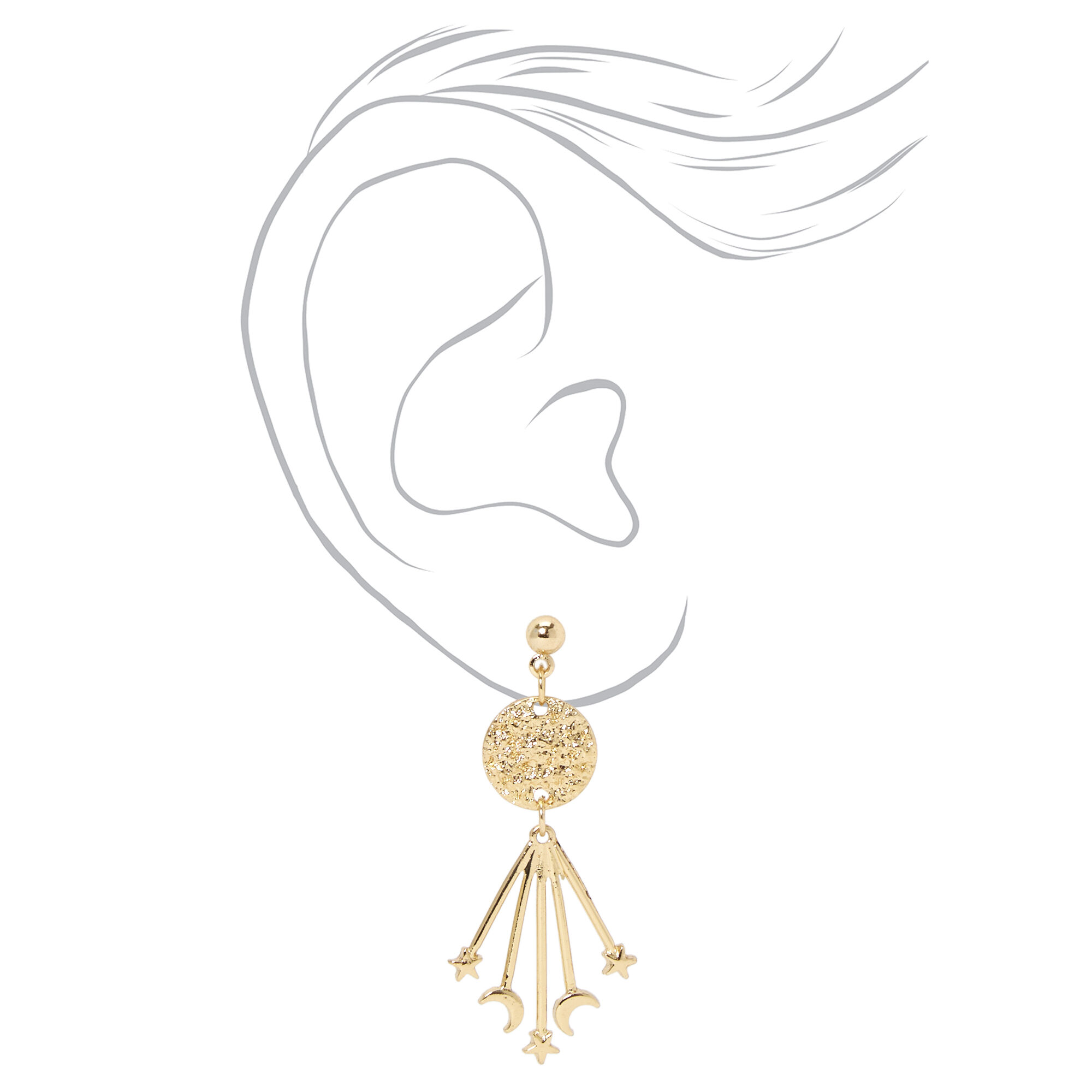 Gold 2" Textured Moon and Stars Drop Earrings,