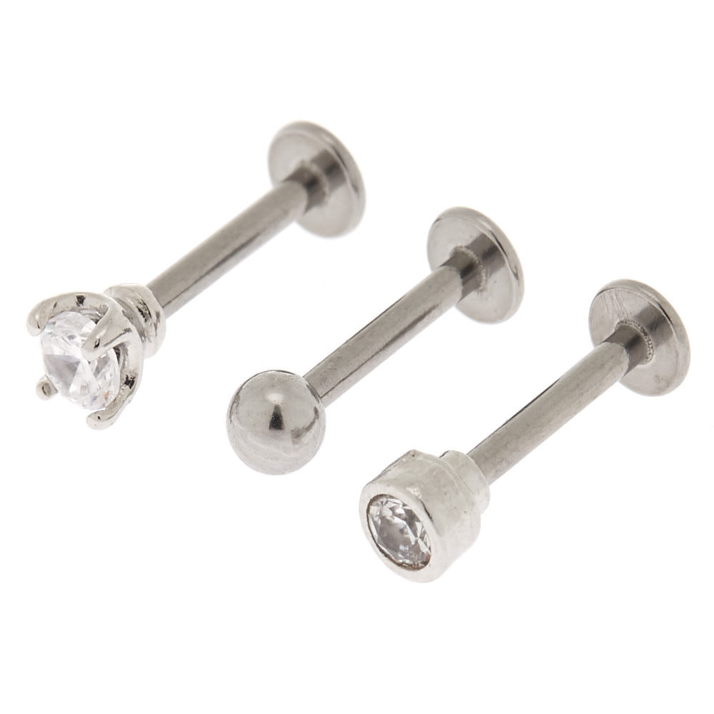 Silver Cubic Zirconia 16G Crystal Ball Labret Studs 3 Pack