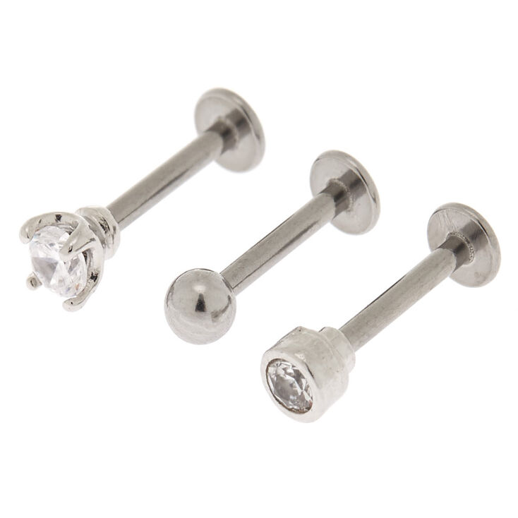 Silver Cubic Zirconia 16G Crystal Ball Labret Studs - 3 Pack,