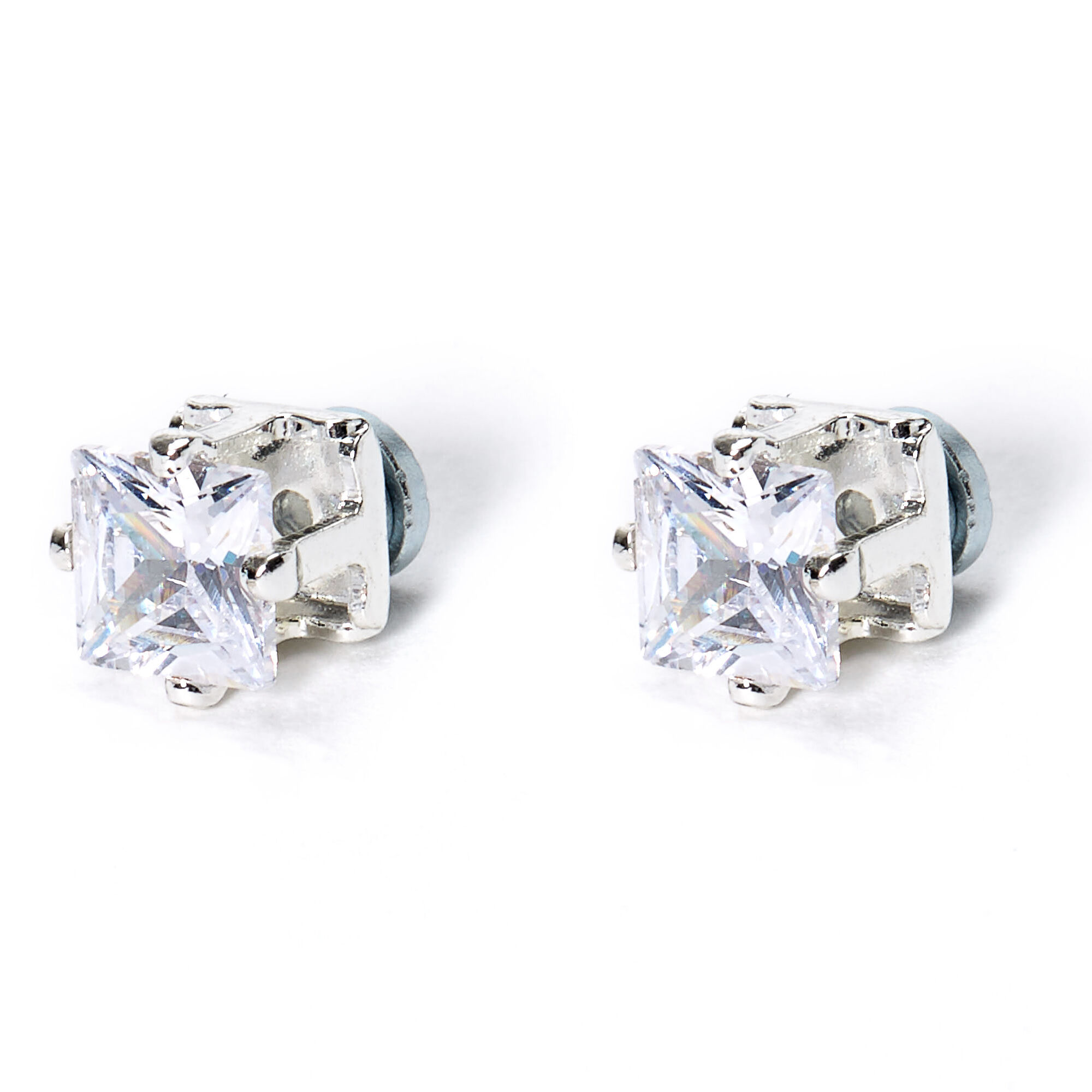 Silver Cubic Zirconia Square Magnetic Stud Earrings 5MM