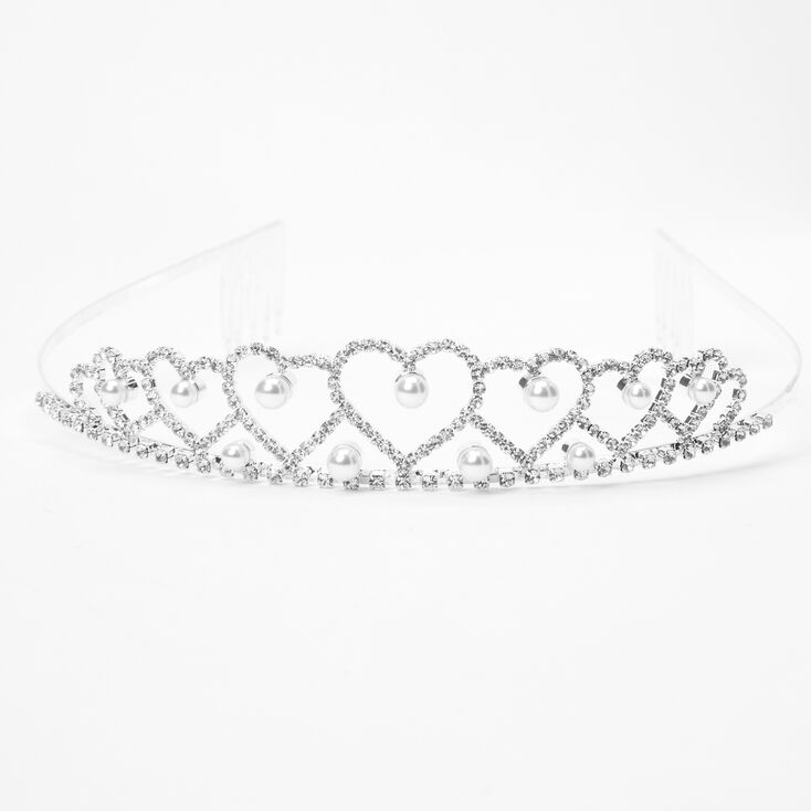 Diad&egrave;me Reine de c&oelig;ur en perles d&#39;imitation et strass couleur argent&eacute;e,