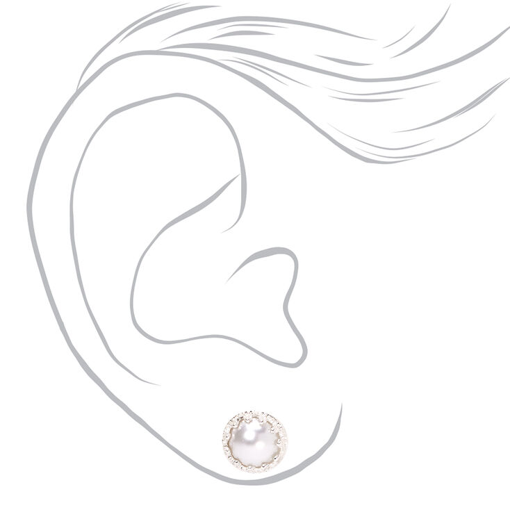 Silver Etched Frame Pearl Stud Earrings,