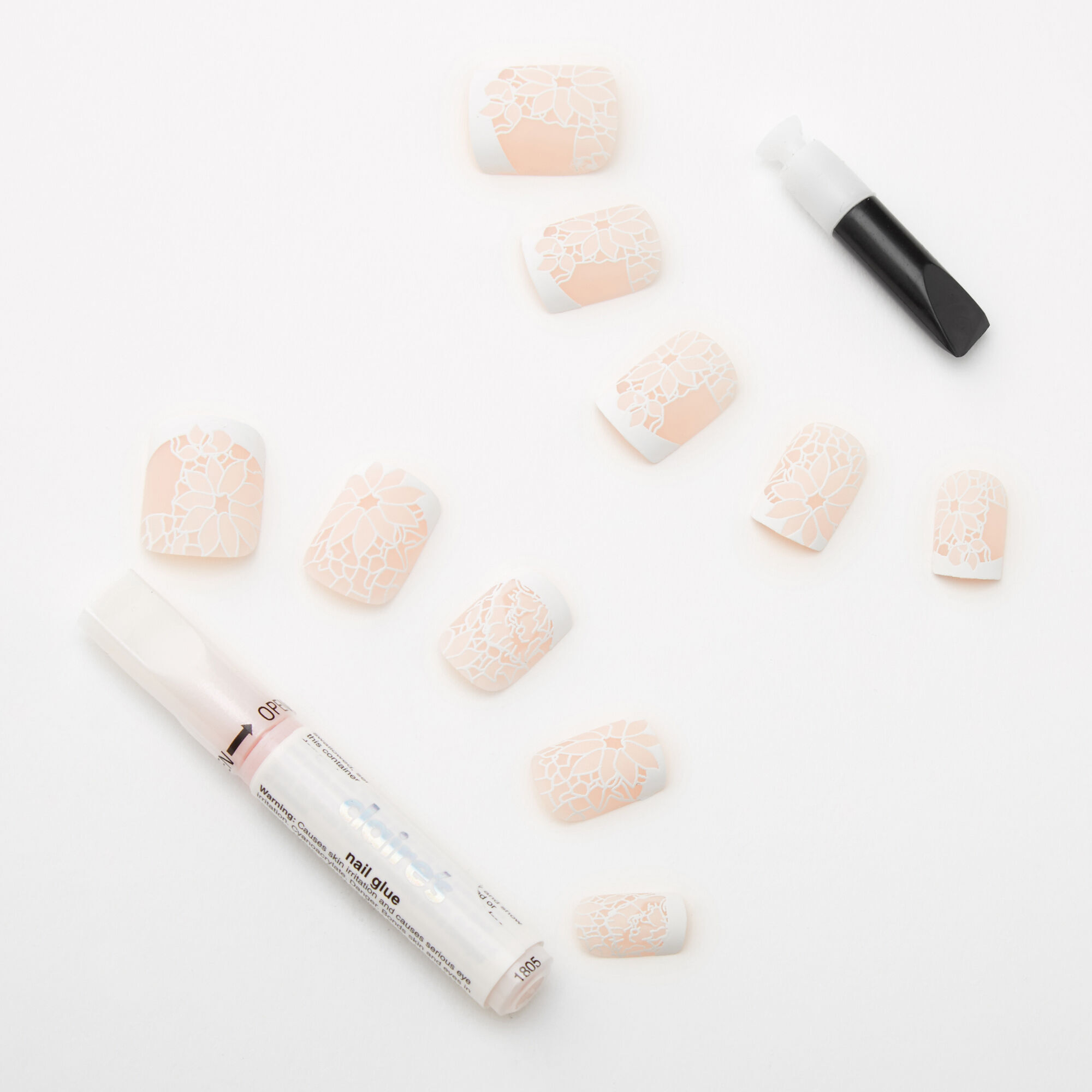 Lace Floral French Tip Square Faux Nail Set - White, 24 Pack,