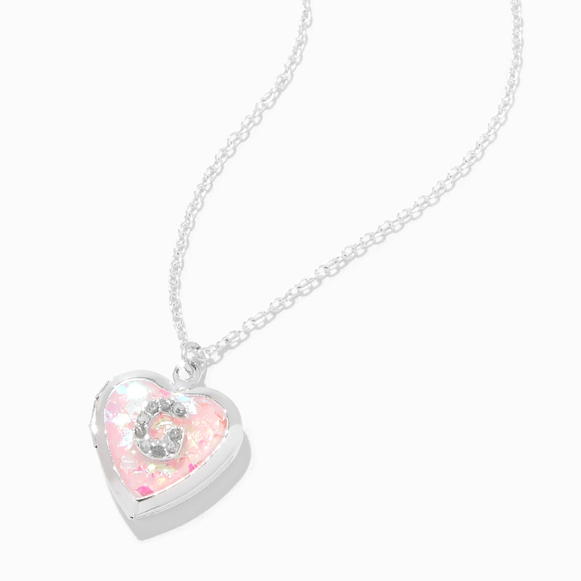 View Claires Embellished Initial Glitter Heart Locket Necklace G Pink information