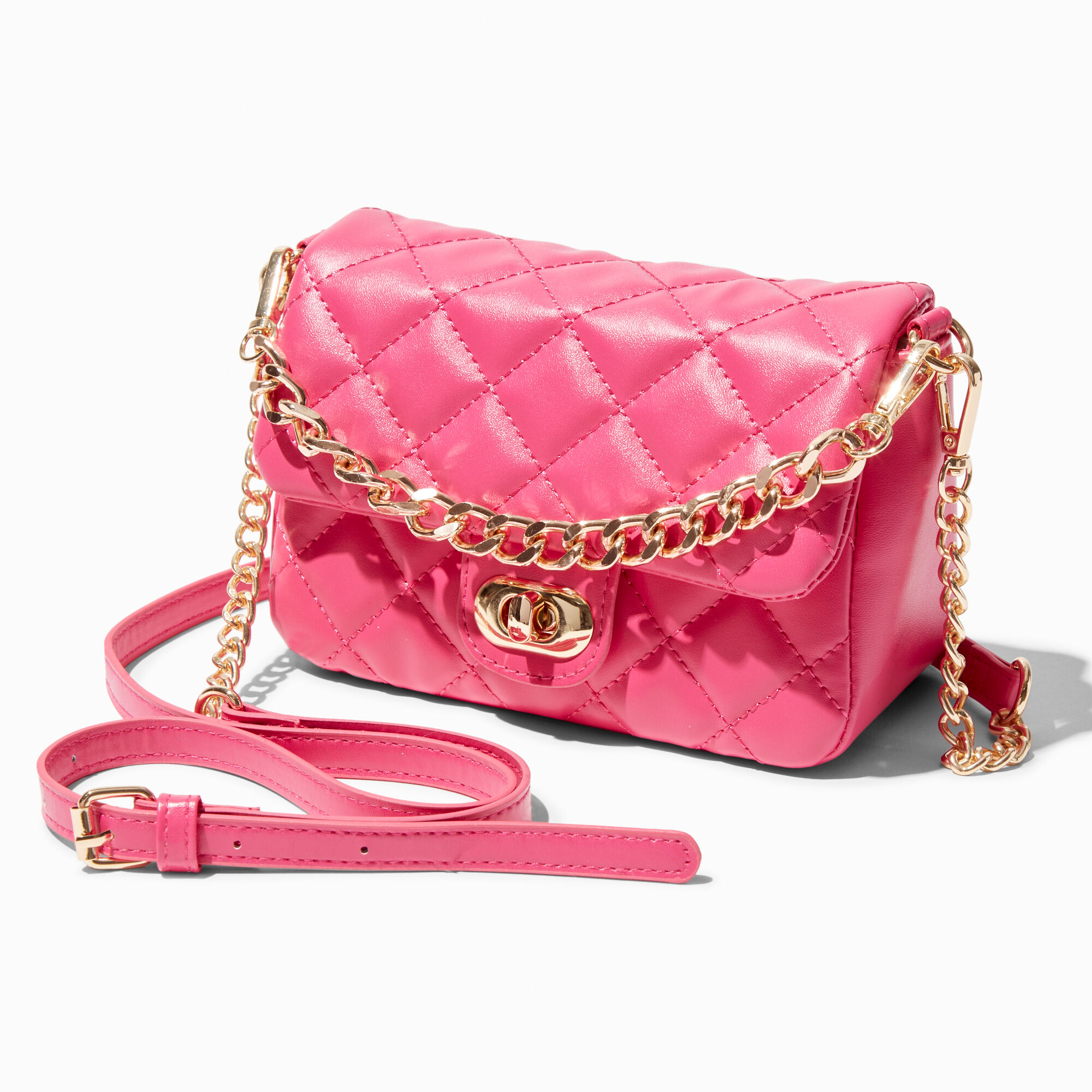 Faux Fur Handle Quilted Pink Heart Crossbody Bag