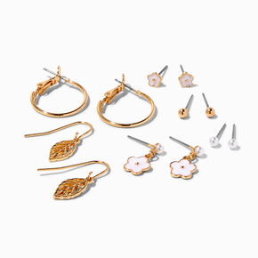 Gold-tone Leaf &amp; Flower Earrings Set - 6 Pack,