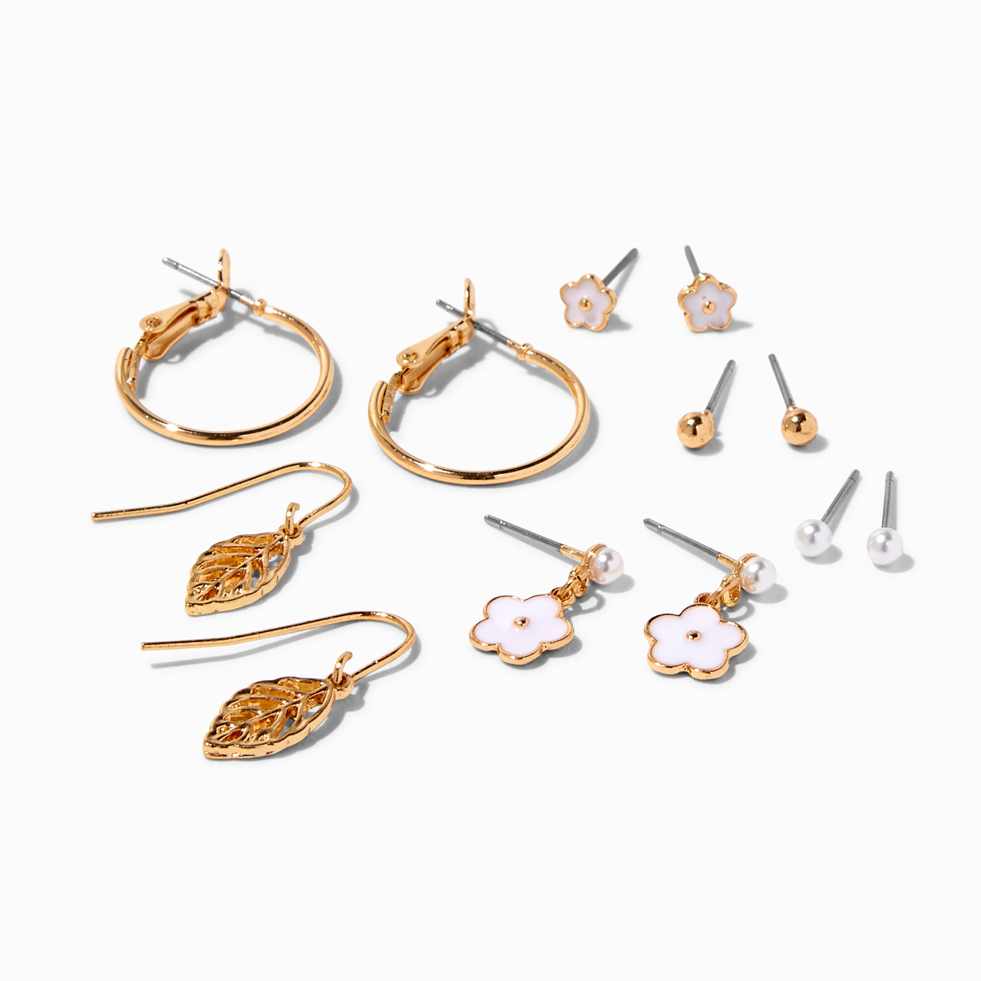 View Claires Tone Leaf Flower Earrings Set 6 Pack Gold information