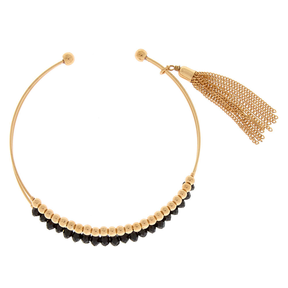 Gold Beaded Tassel Cuff Bracelet - Black,