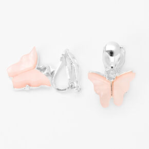 Silver Butterfly Clip On Drop Earrings - Pink,