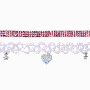 Ras-de-cou c&oelig;ur effet tatouage violet et strass roses - Lot de 2,