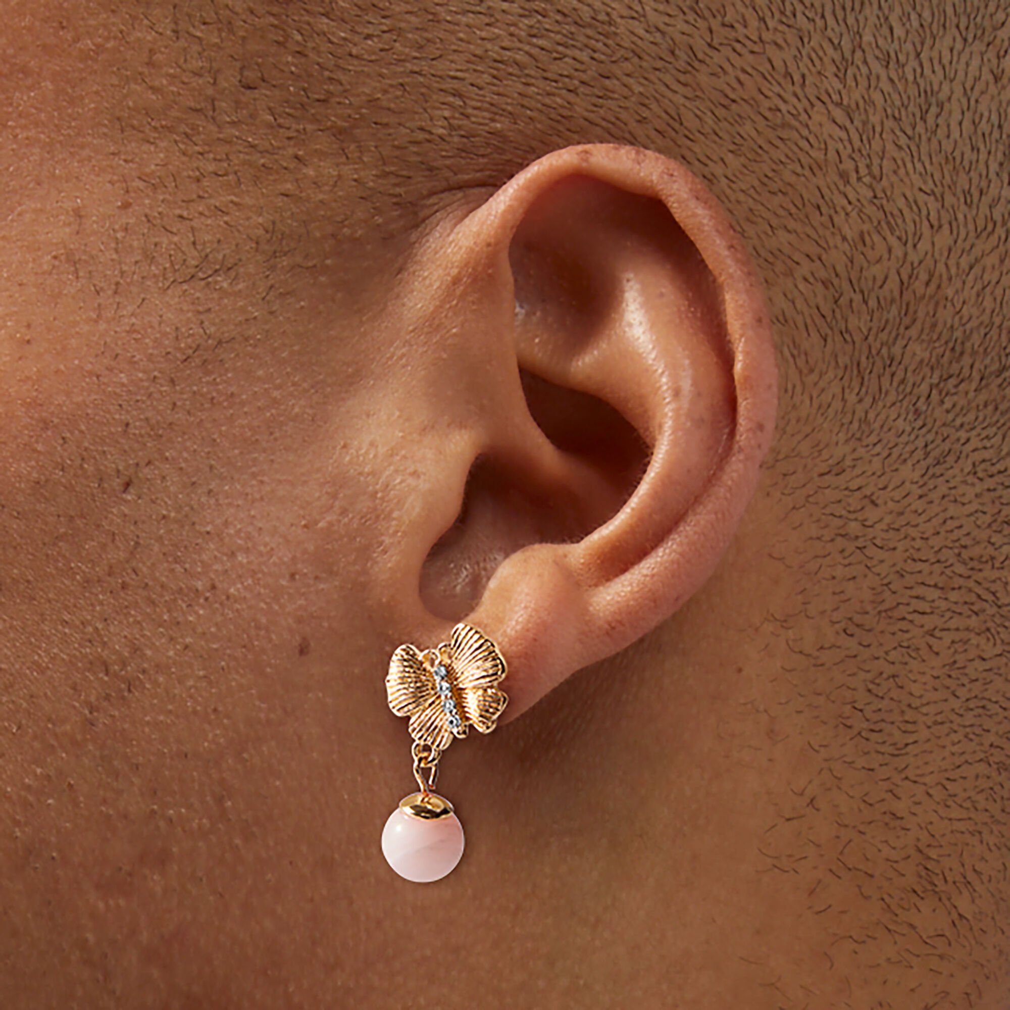 Gold-tone Butterfly & Pink Pearl Drop Earrings,