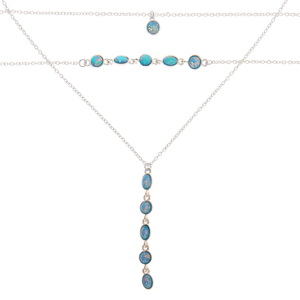 Silver Shimmer Stone Multi Strand Choker Necklace - Aqua,