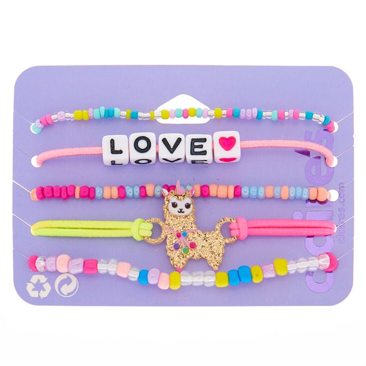 Lot de 5&nbsp;bracelets &eacute;lastiques et ajustables perl&eacute;s lama-licorne arc-en-ciel,