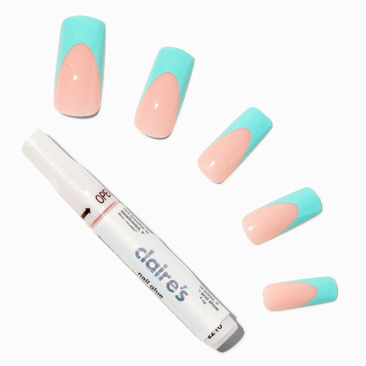 Light Blue French Tip Long Square Vegan Faux Nail Set - 24 Pack,