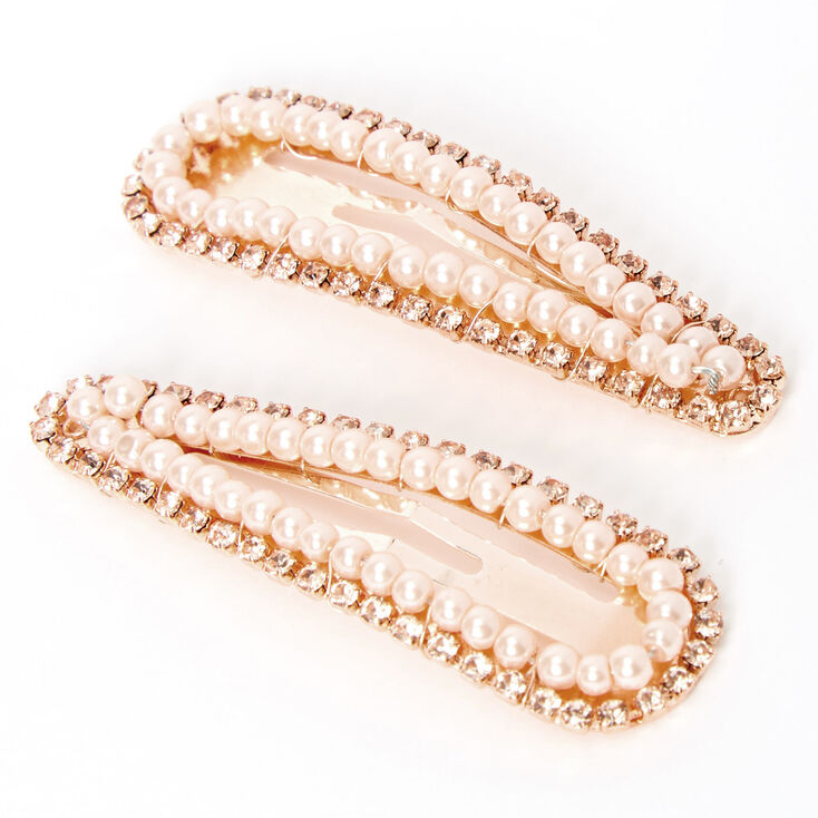 Rose Gold Rhinestone Pearl Snap Hair Clips - 2 Pack,