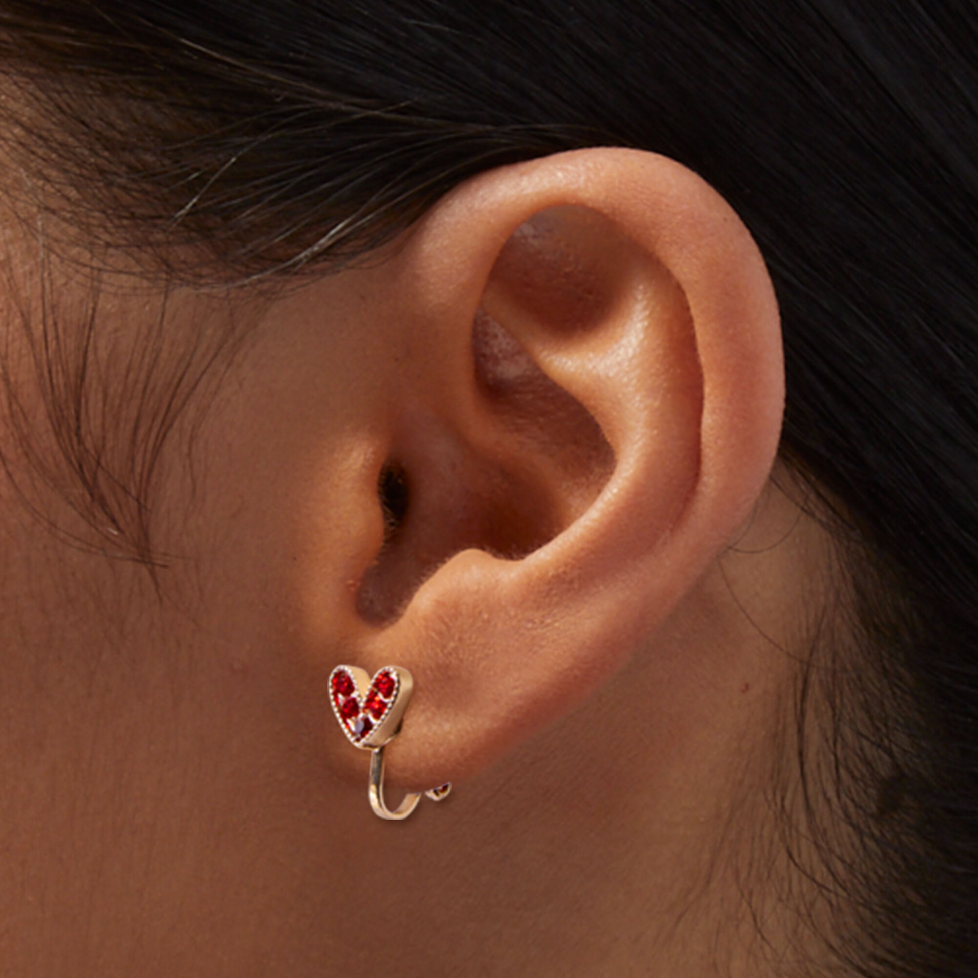 Red Rhinestone Heart Clip-On Stud Earrings ,