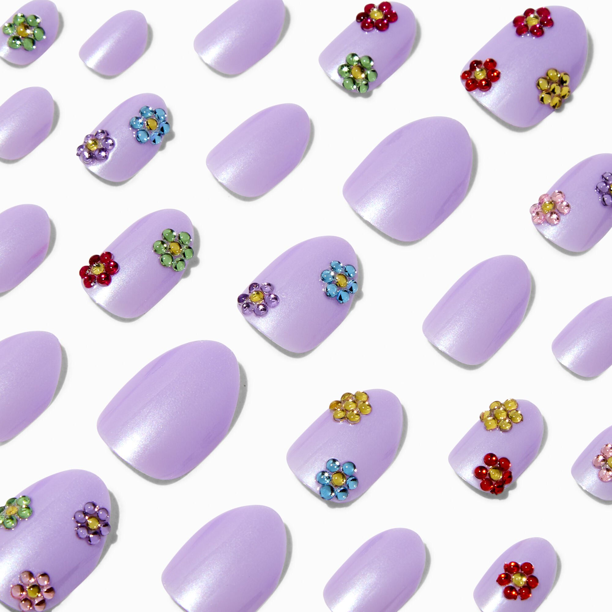View Claires 3D Flower Charm Stiletto Press On Vegan Faux Nail Set 24 Pack Purple information