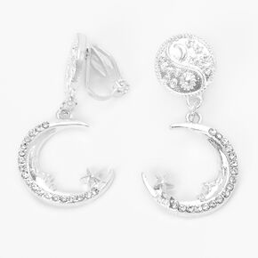 Silver 1&quot; Yin Yang Crescent Moon Celestial Clip On Drop Earrings,