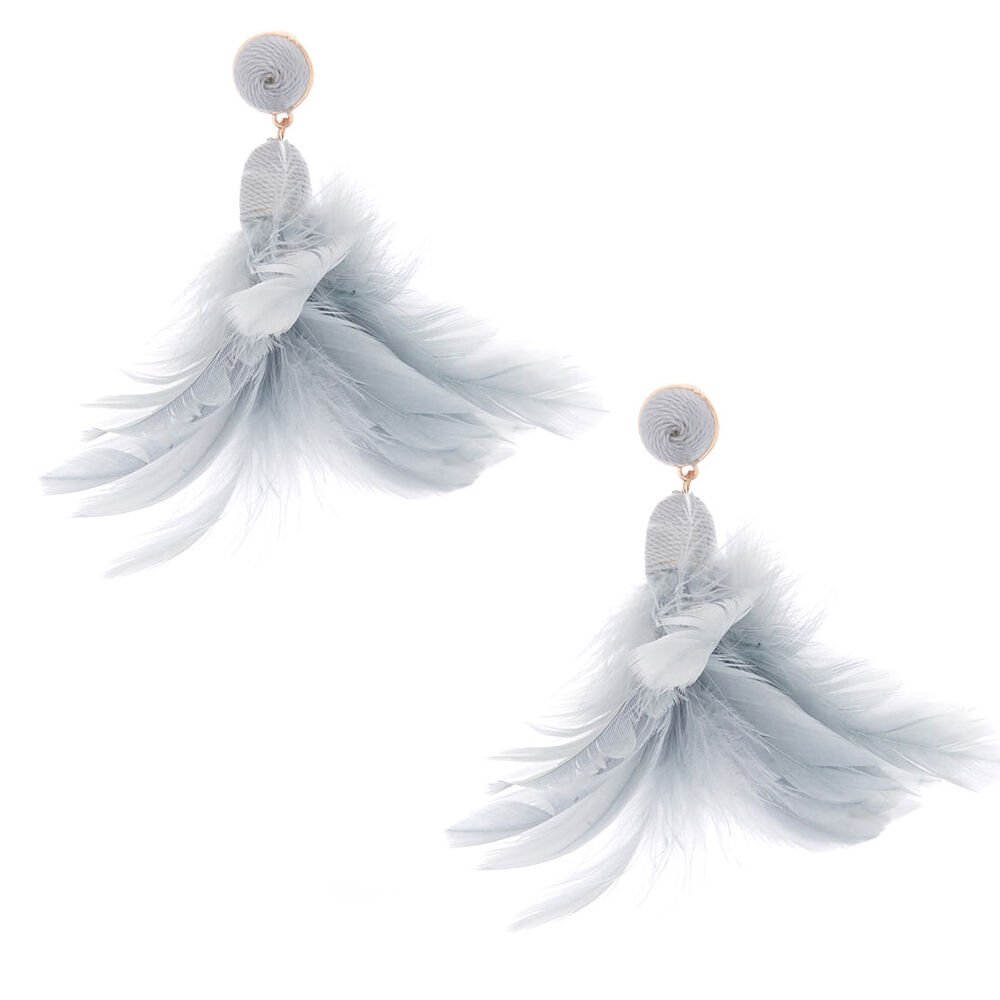 3" Feather Duster Earrings - Grey,
