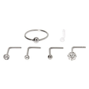 Sterling Silver 20G Crystal Stud &amp; Hoop Nose Rings - 6 Pack,