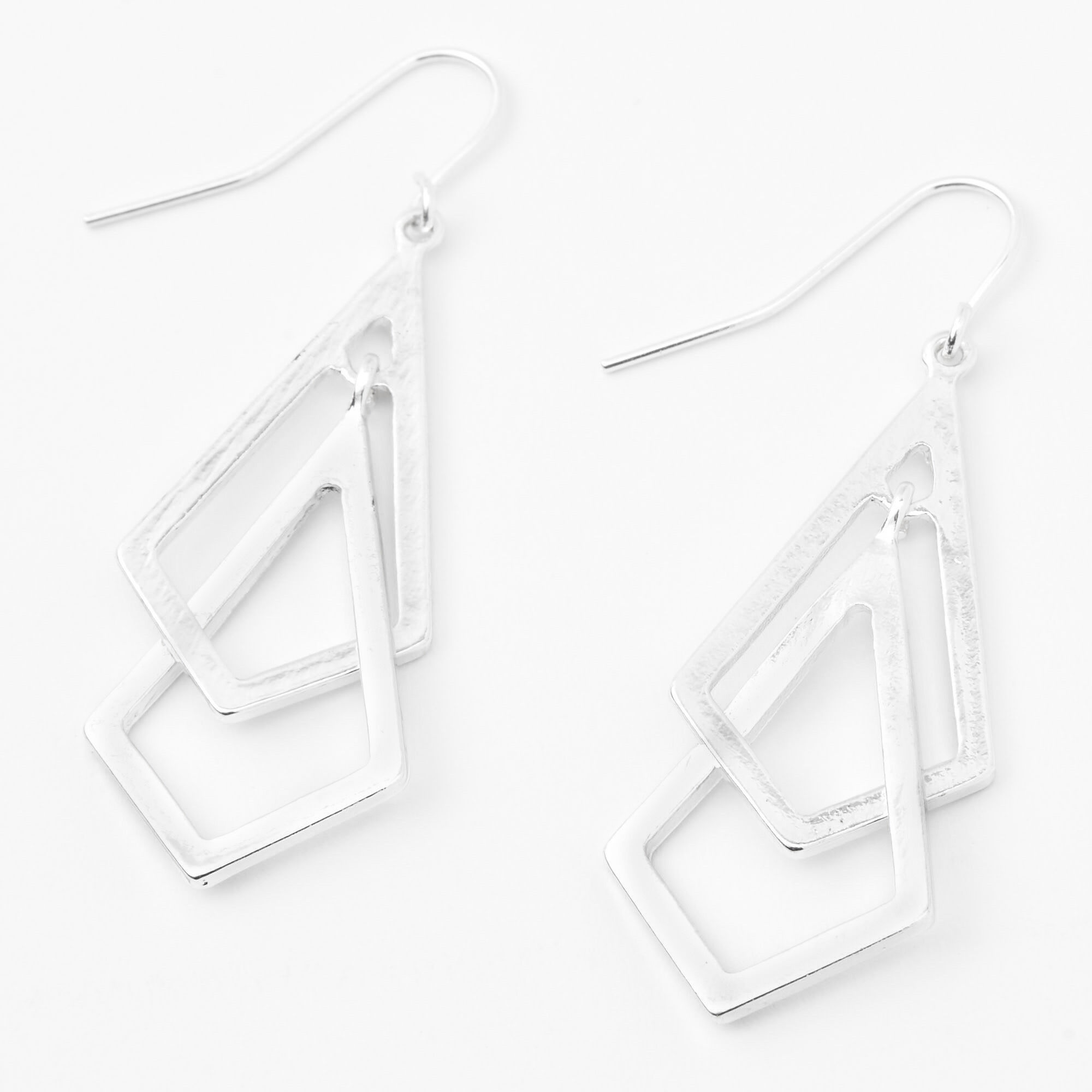Silver 2" Double Diamond Drop Earrings,