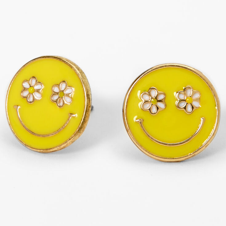 Yellow Daisy Happy Face Stud Earrings,