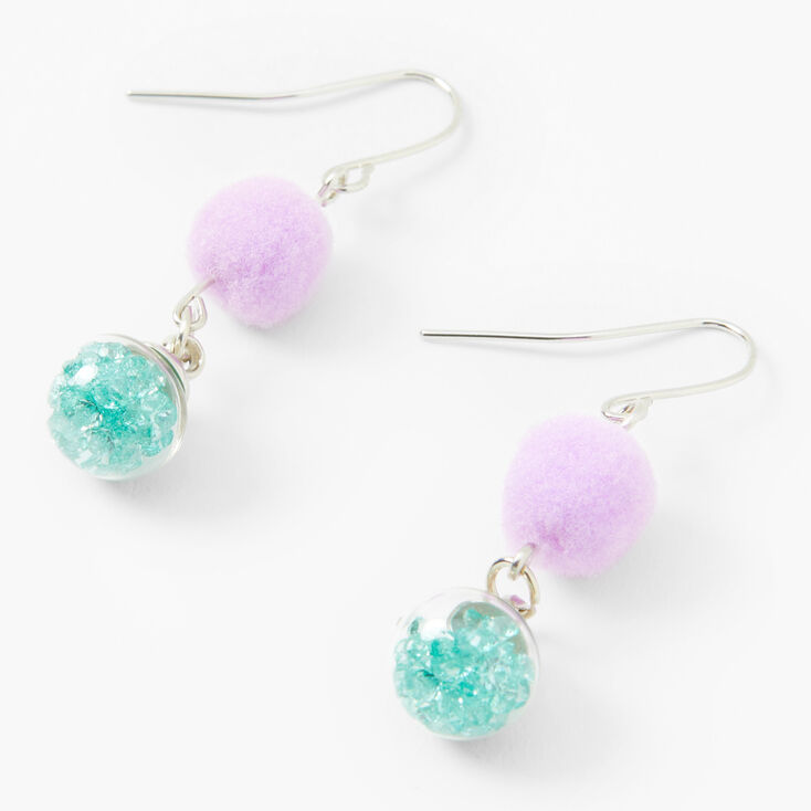 1.5&quot; Pom Pom Drop Earrings - Lilac and Teal,