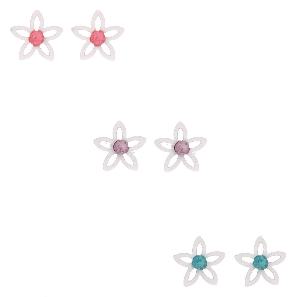 Tropical Flower Stud Earrings - White, 3 Pack,