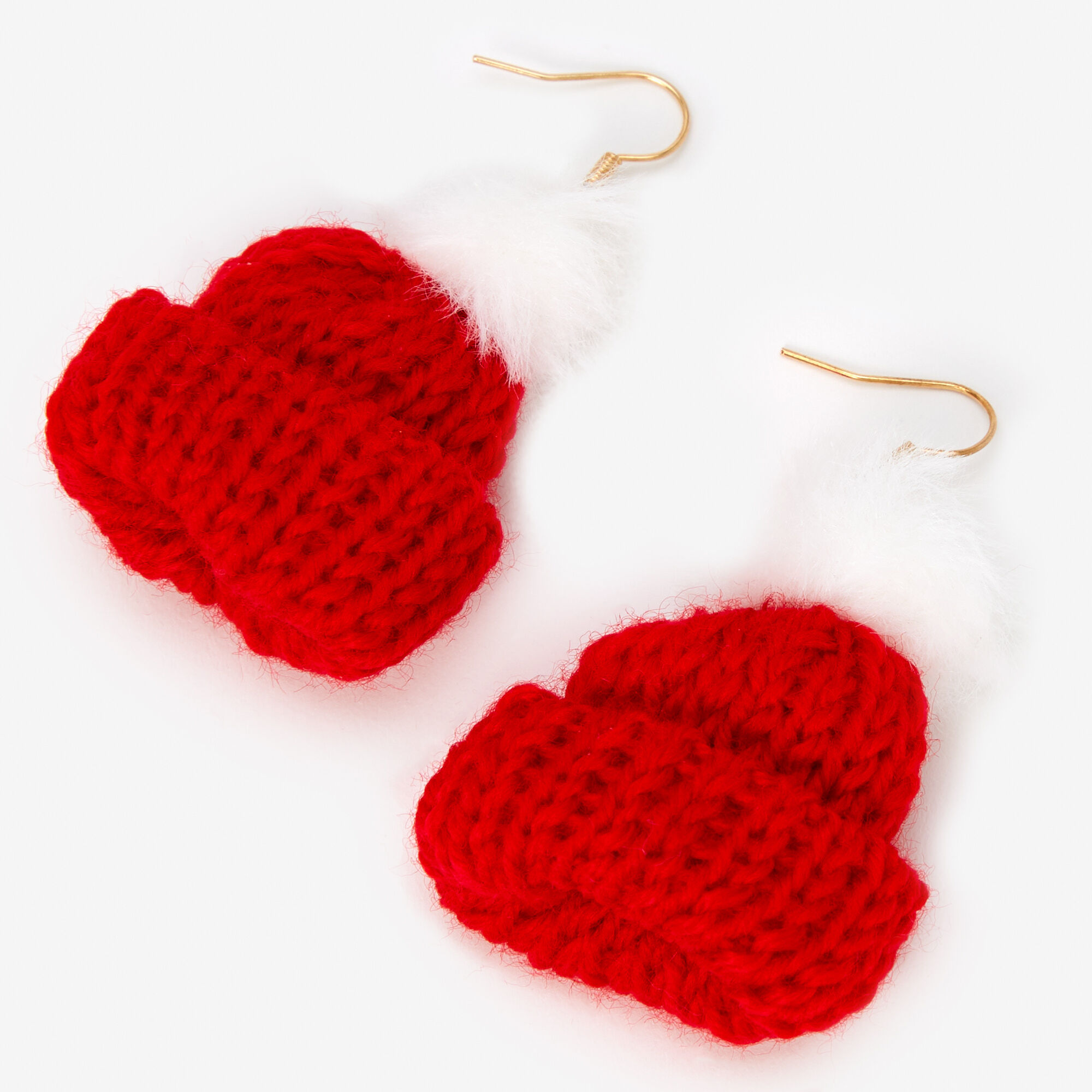 Gold 2'' Knit Hat Pom Drop Earrings - Red,