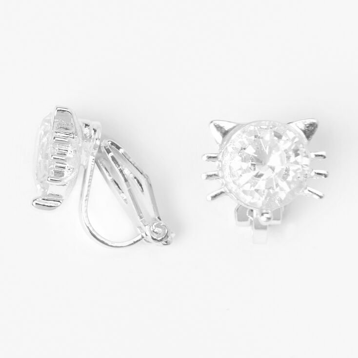 Silver Cubic Zirconia Cat Clip On Stud Earrings,