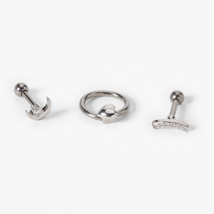 Silver Titanium 16G Moon Heart Tragus Earrings - 3 Pack,