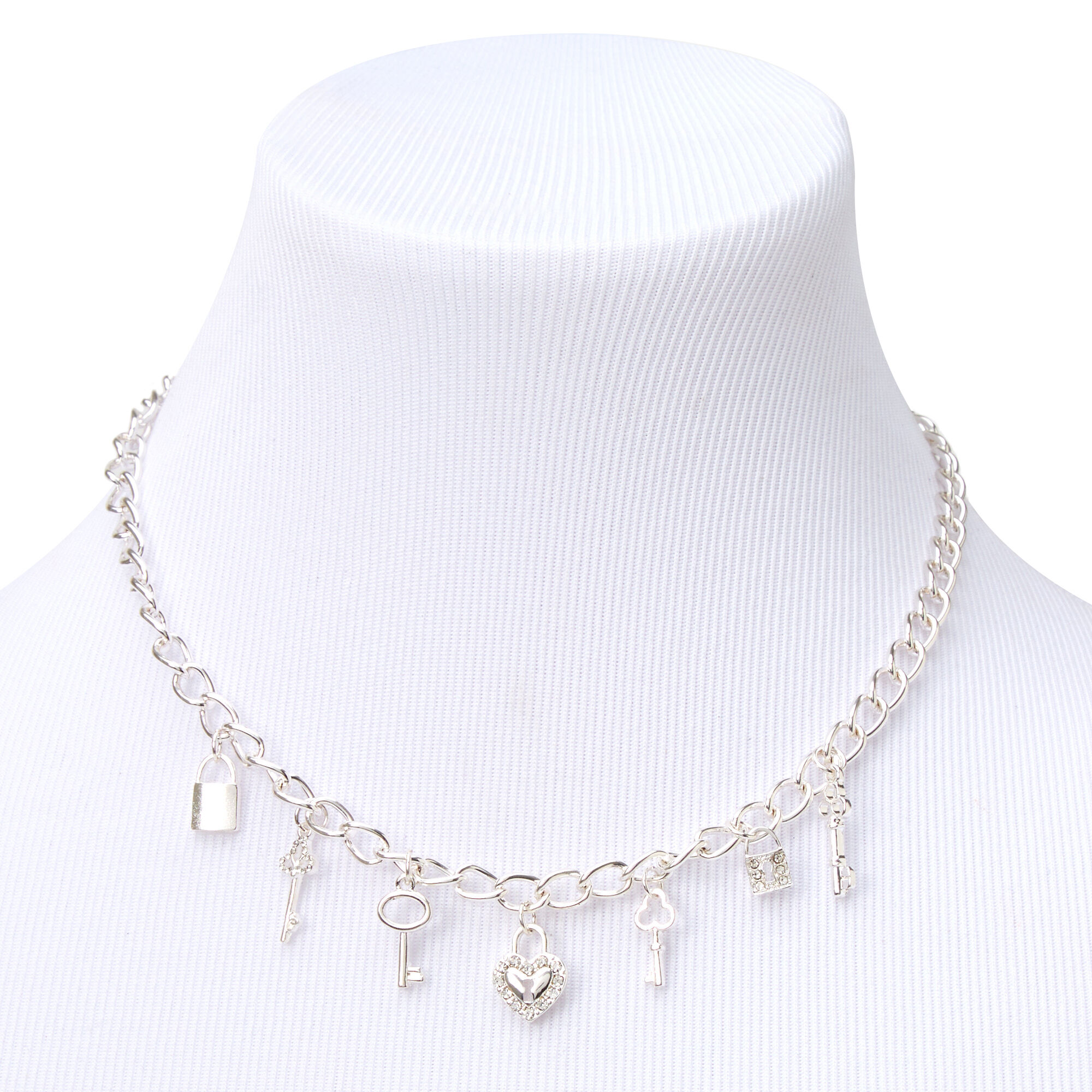 Silver Embellished Lock & Key Charms 14" Necklace,